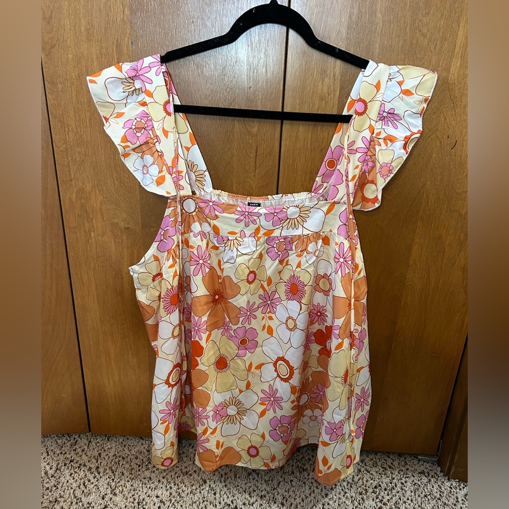SHEIN Floral Ruffle Strap Tank Top - Pink and Orange